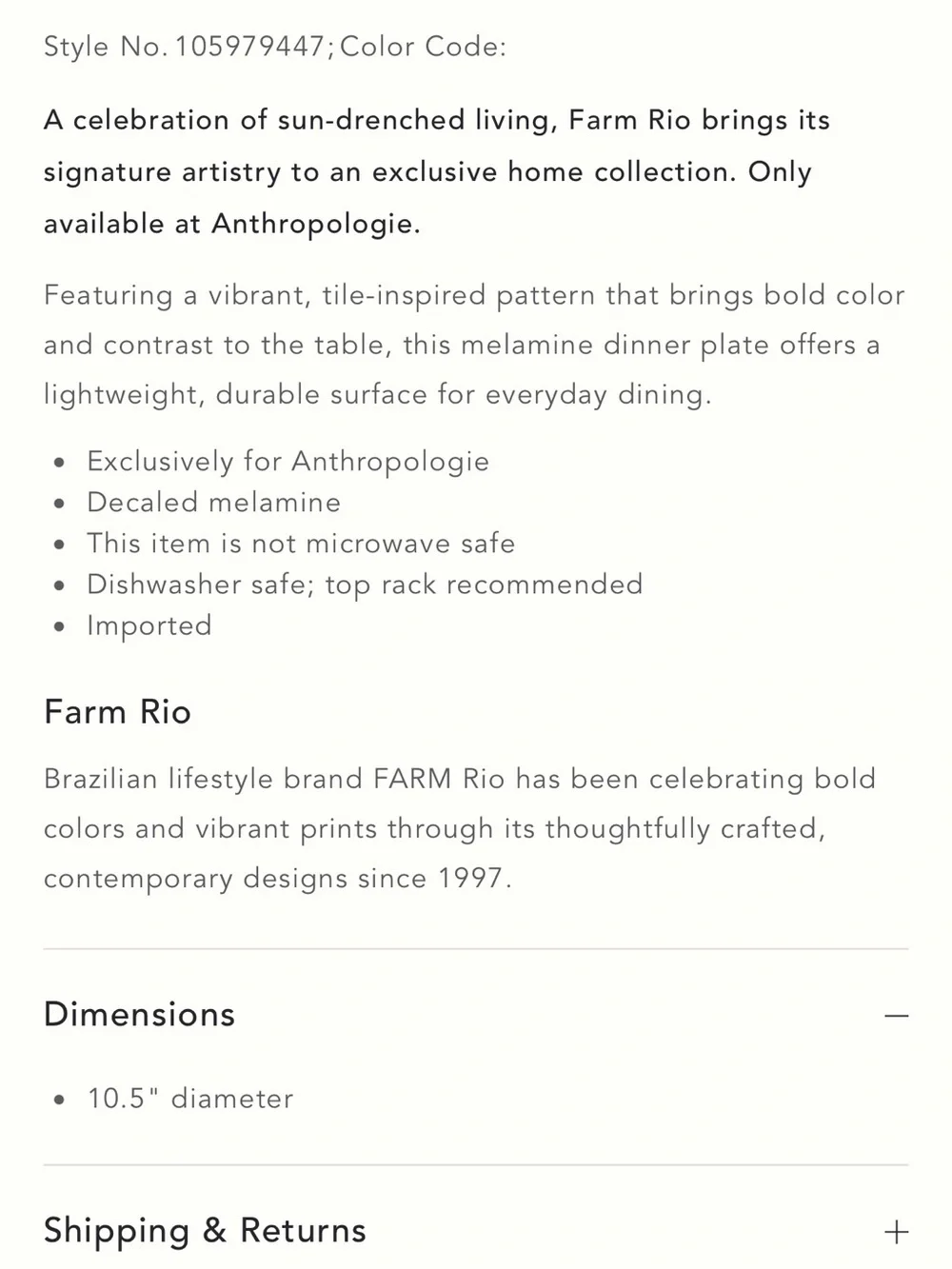Farm Rio x Anthropologie Melamine Dinner Plate Tropical Sky Blue Birds and Palms
